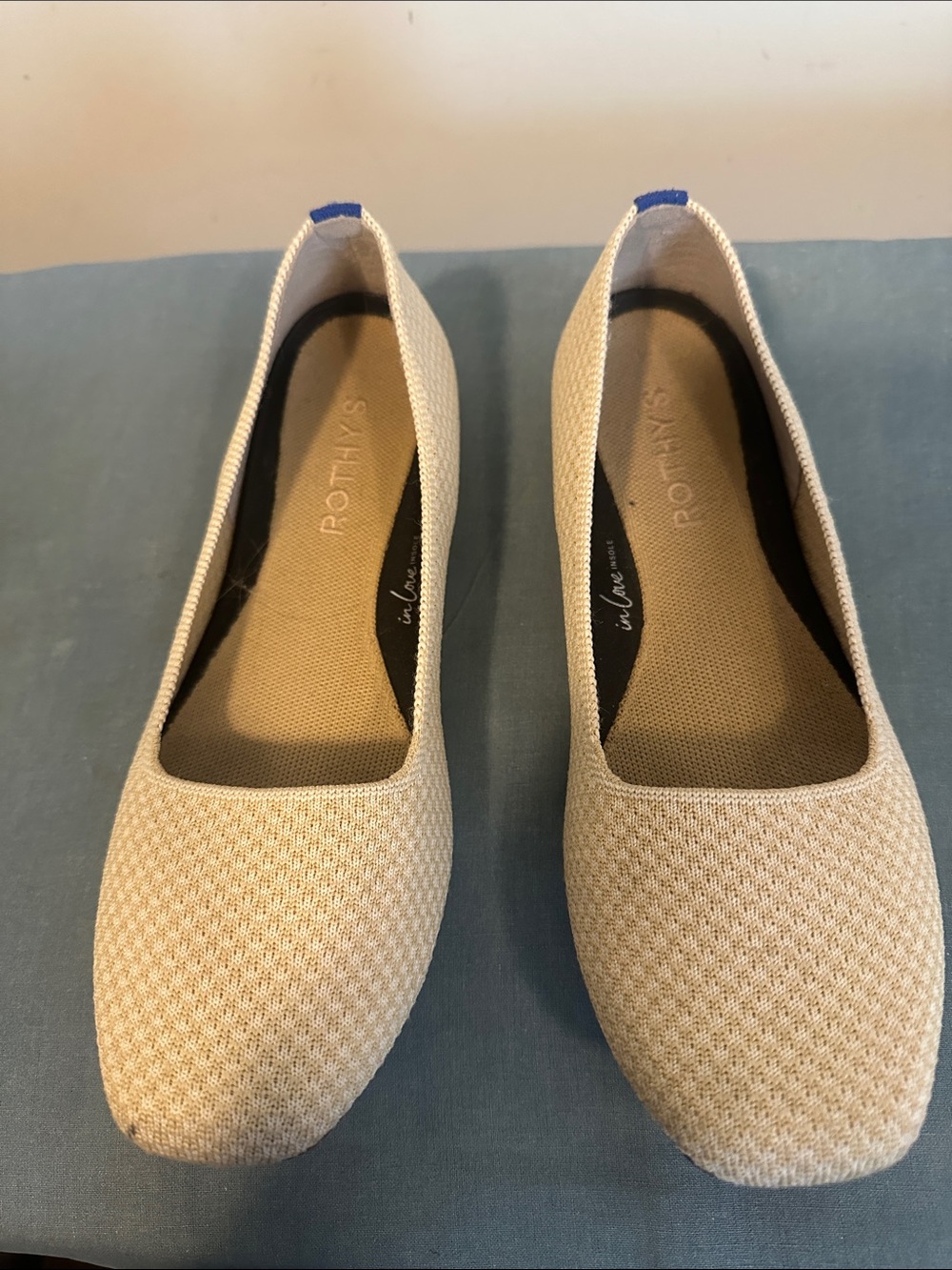 Rothy's Cream Knit Ballet Flats with Blue Heel Tab